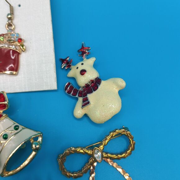 Vintage LOT: JEWELRY Snowman Bell Reindeer Brooches Earrings XMAS is Coming! - Picture 8 of 9